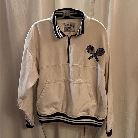 Cutter & Buck Ivory Pullover zip with Tennis Racket Emblem Vintage preppy large - Picture 1 of 14
